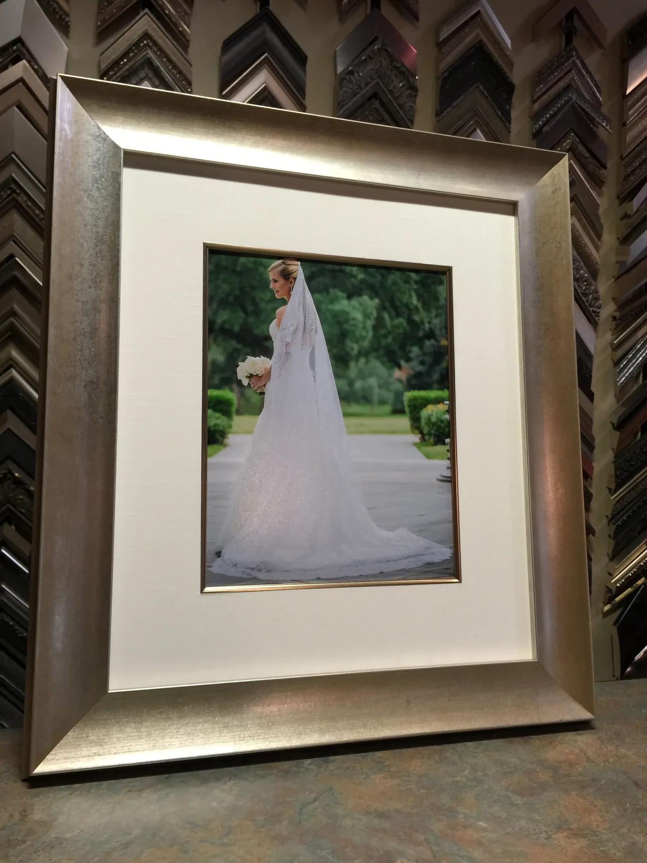 Wedding portrait in a layered silver frame