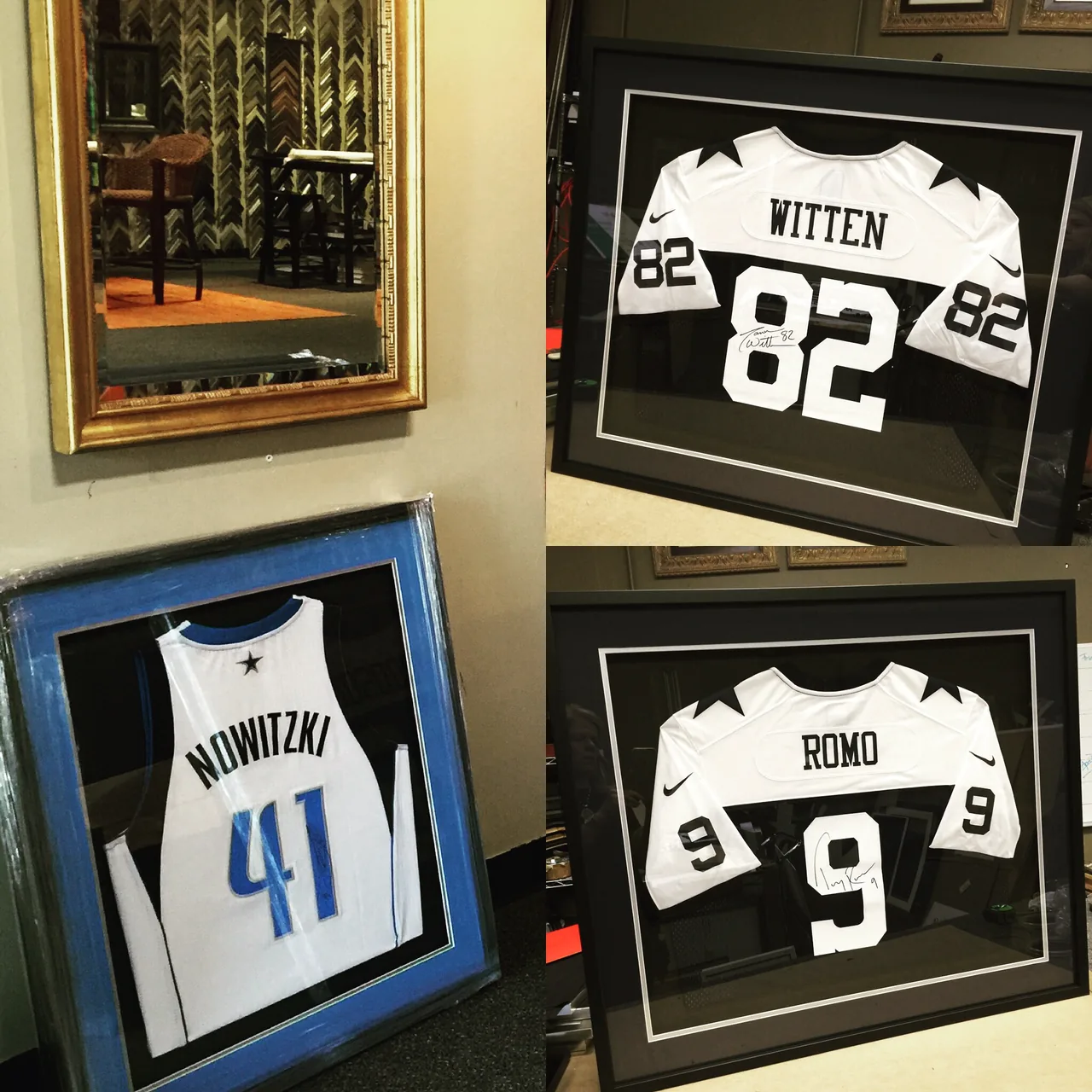 Three framed sports jerseys